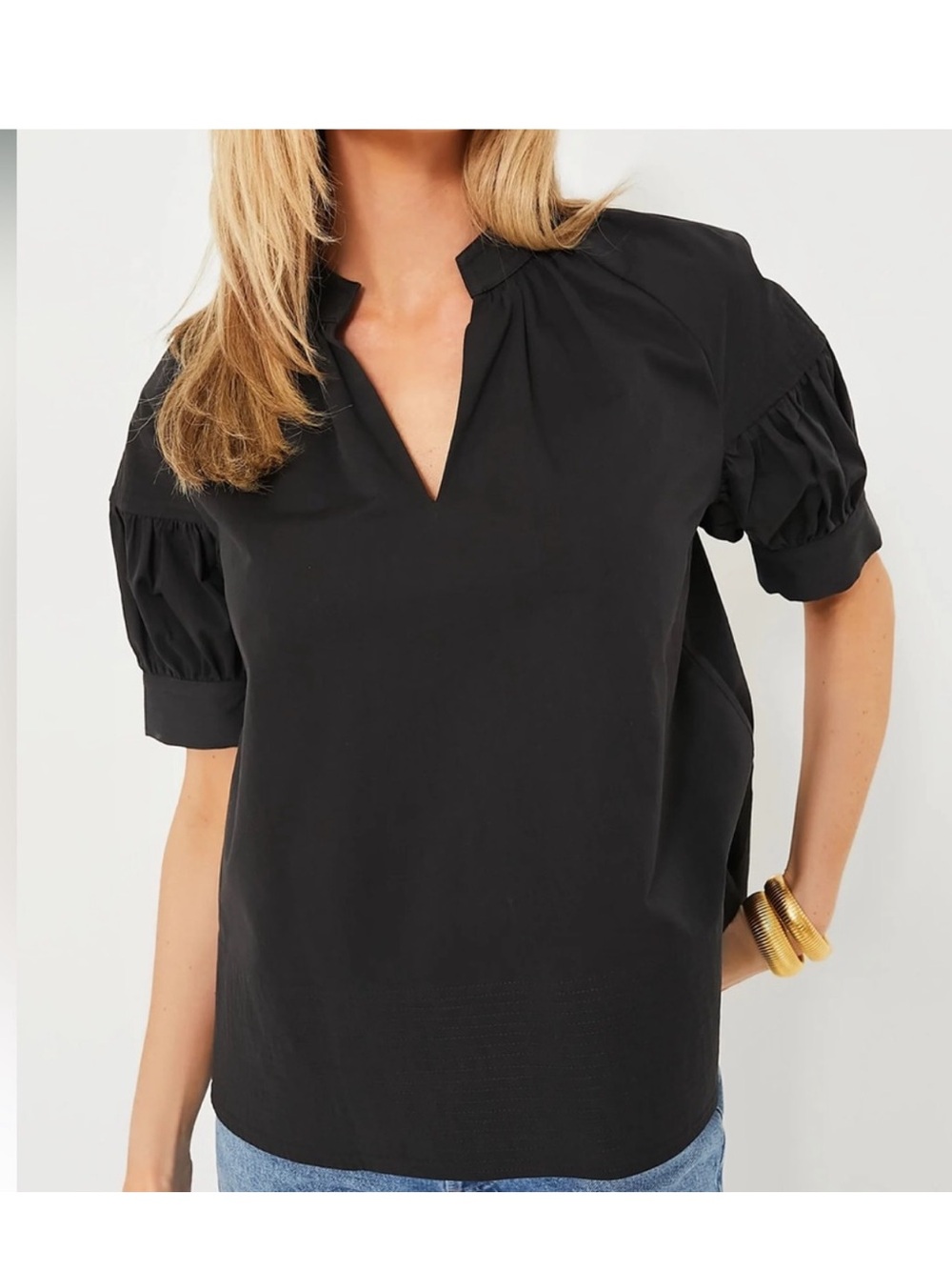 Tuckernuck Black Ruthie Blouse V-Neck Ruched Sleeves Cotton Boxy Top XXL - Picture 2 of 7